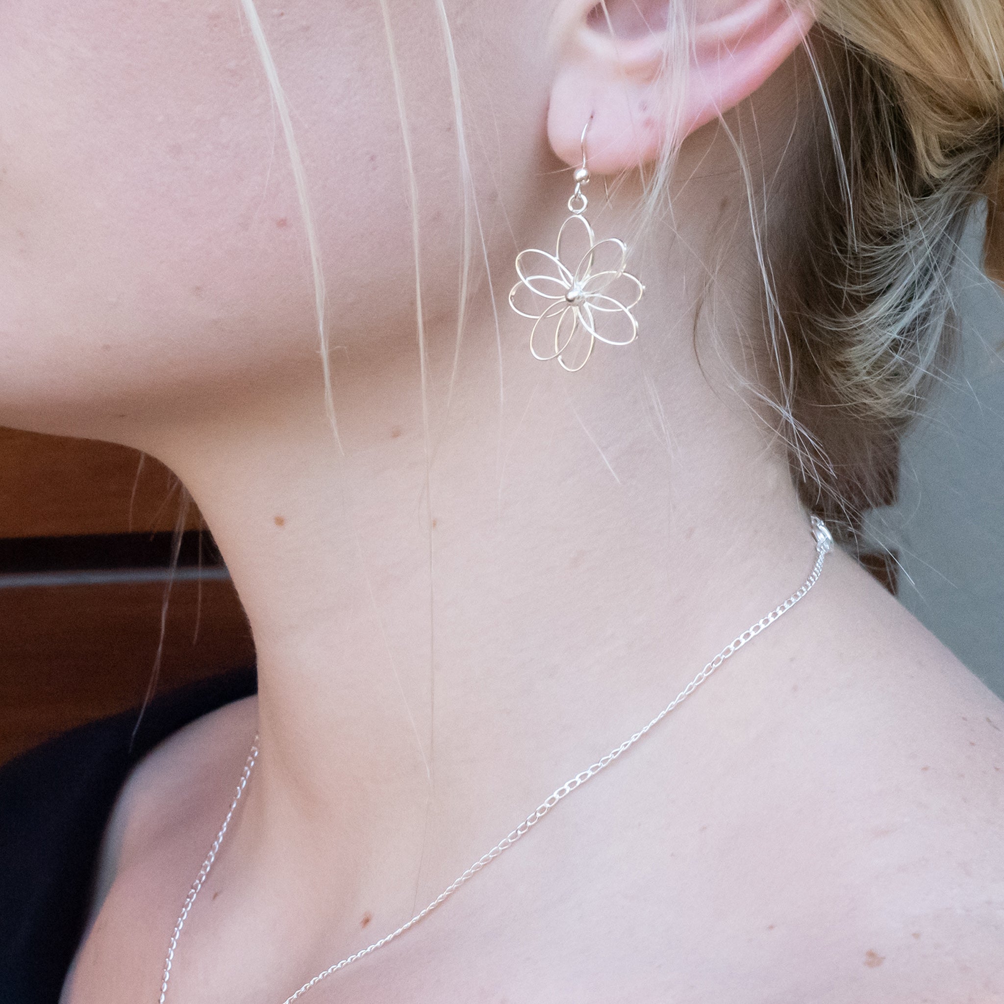 EL098 - Sterling Silver Flower Wire Hook Earrings - silverby-e.co.za