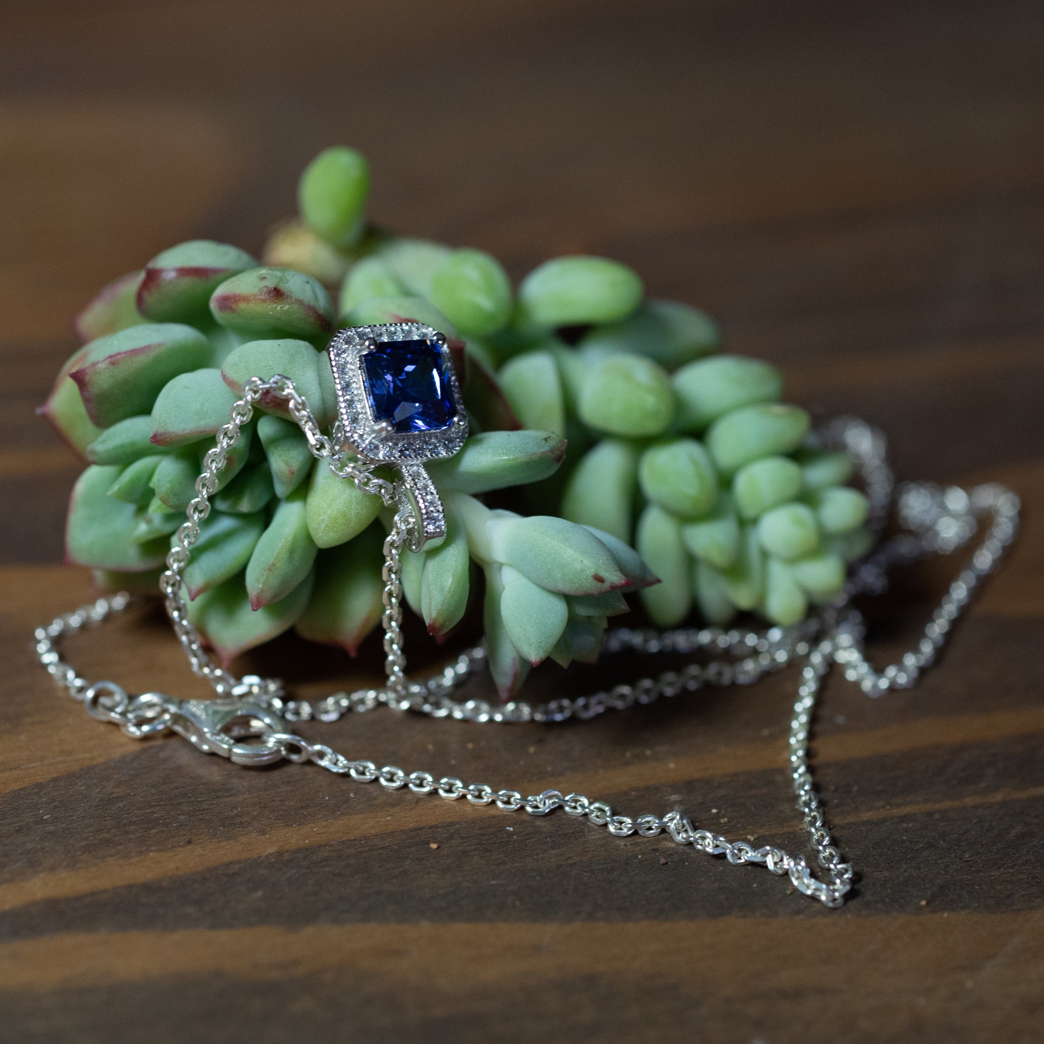 SP009C - Sterling Silver Tanzanite Colored CZ & CZ Pendant and Chain